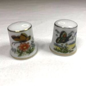 2 Vintage Japan Multi Colored Gold Rim Butterfly & Flower Porcelain Thimbles